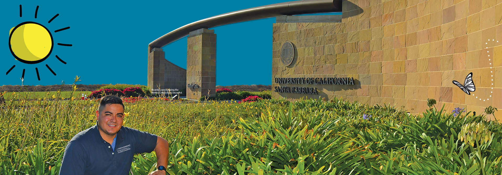 a photograph of a staff member seated in a bed of lilies in front of Henley Gate