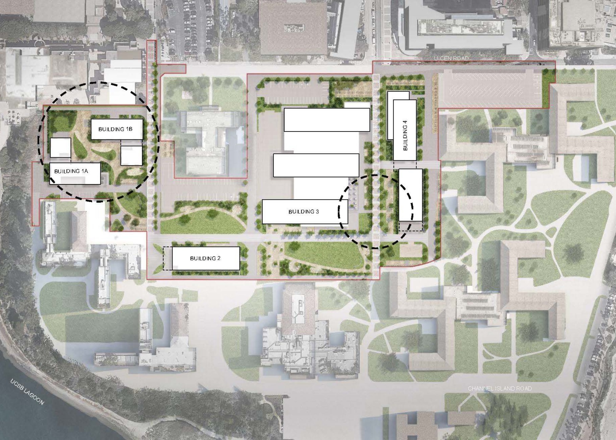 Campus site plan with labeled buildings, green spaces, paths, and parking, highlighting Buildings 1A, 1B, 2, 3, and 4.