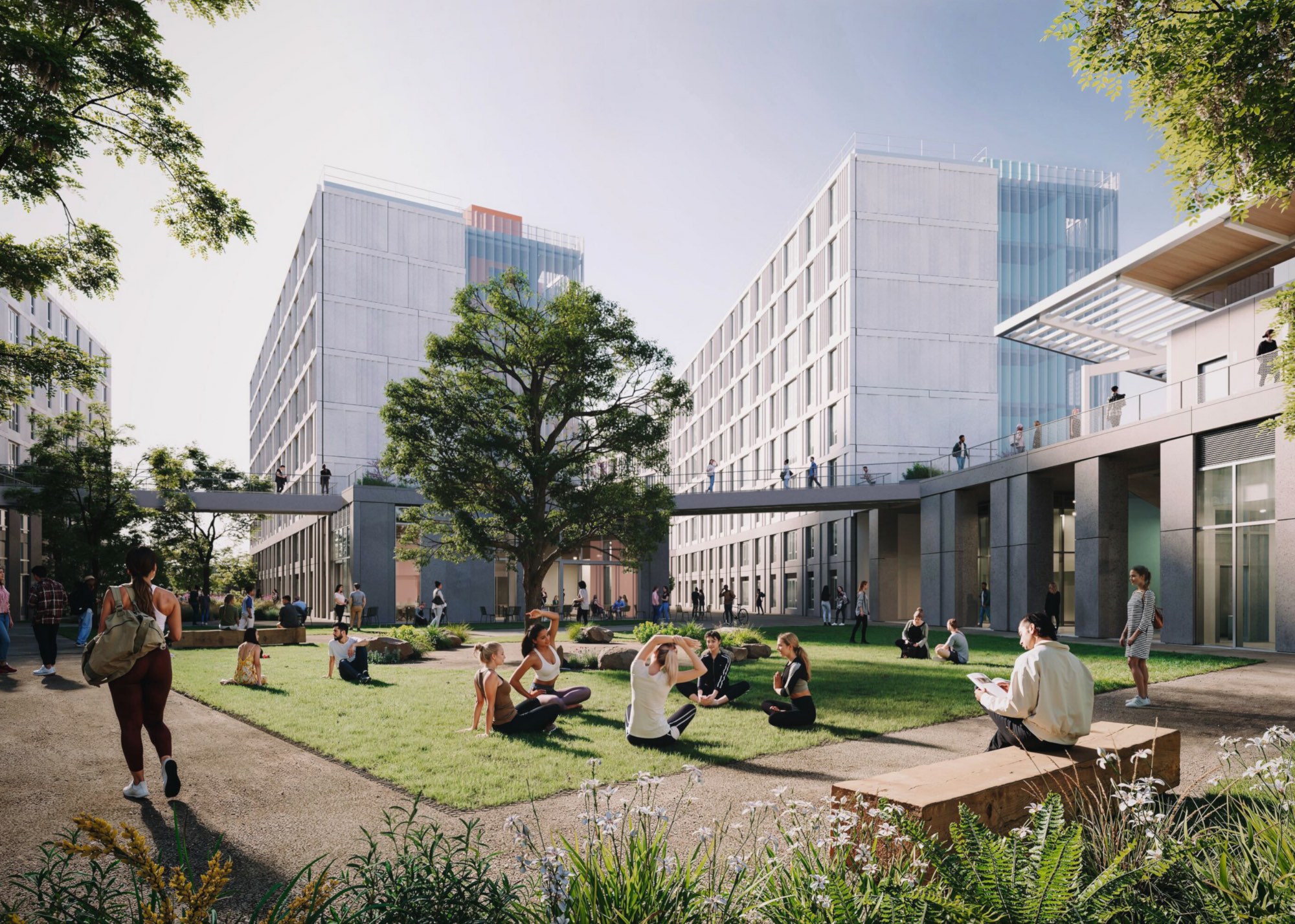 People relax and do yoga on a sunny lawn surrounded by modern buildings, with others walking, reading, and enjoying the open space.