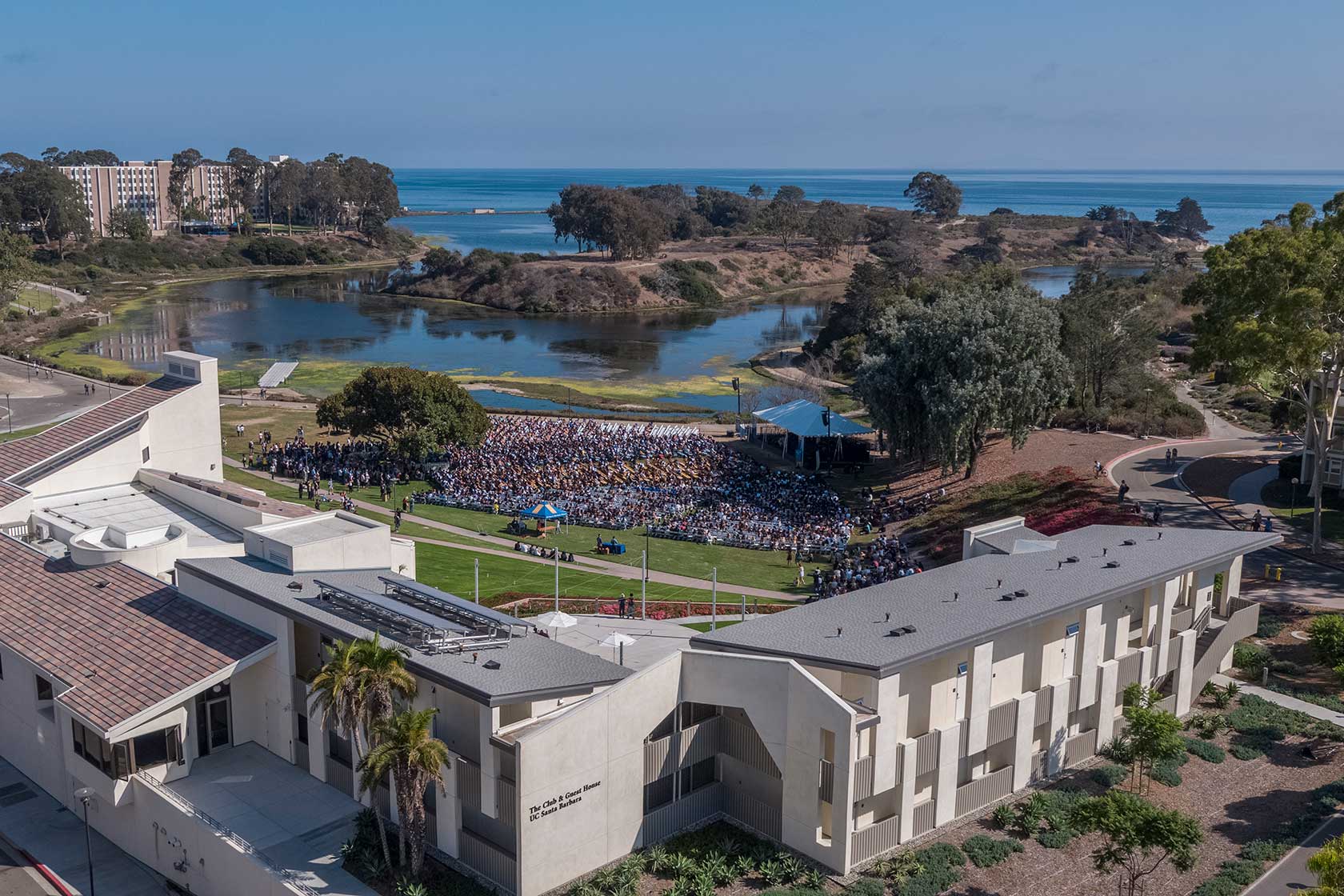 Aerial view of the Club & Guest House during convocation ceremonies