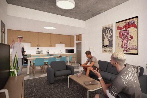 Students having a conversation in a living room.