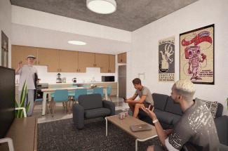 Students having a conversation in a living room.