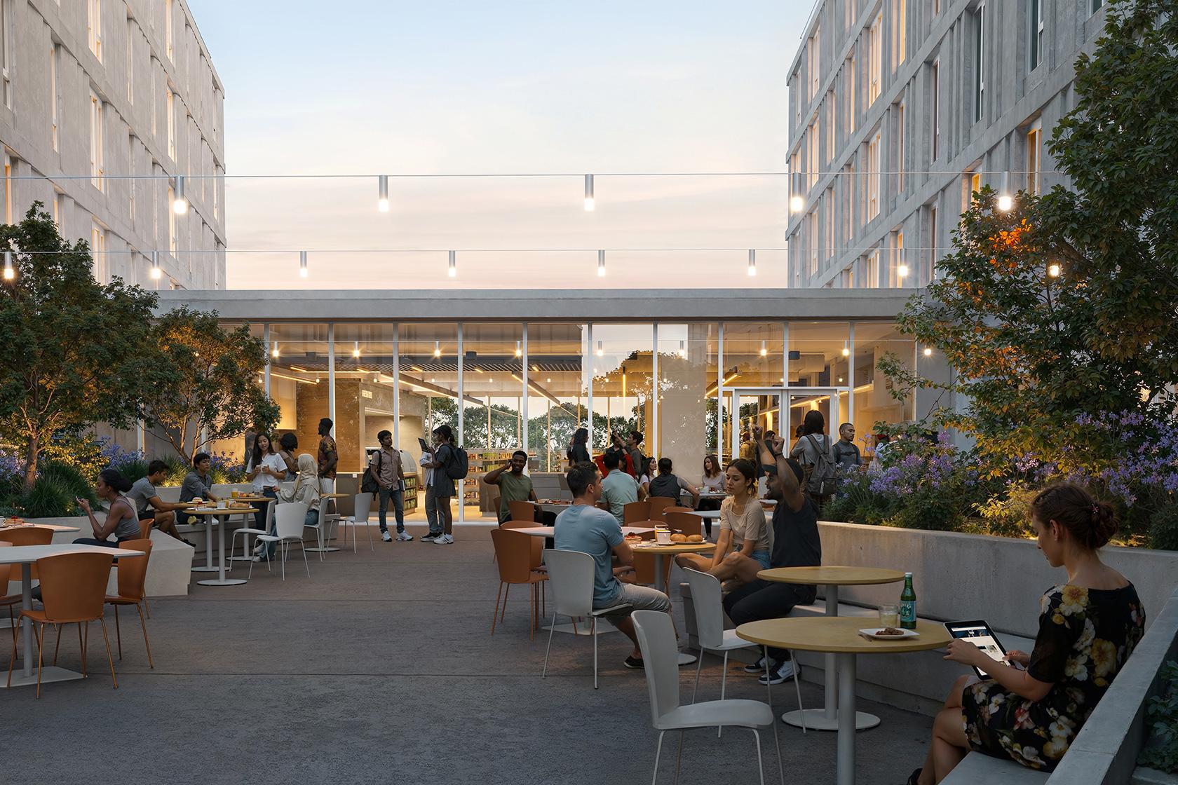 Students gathered on outdoor patio.