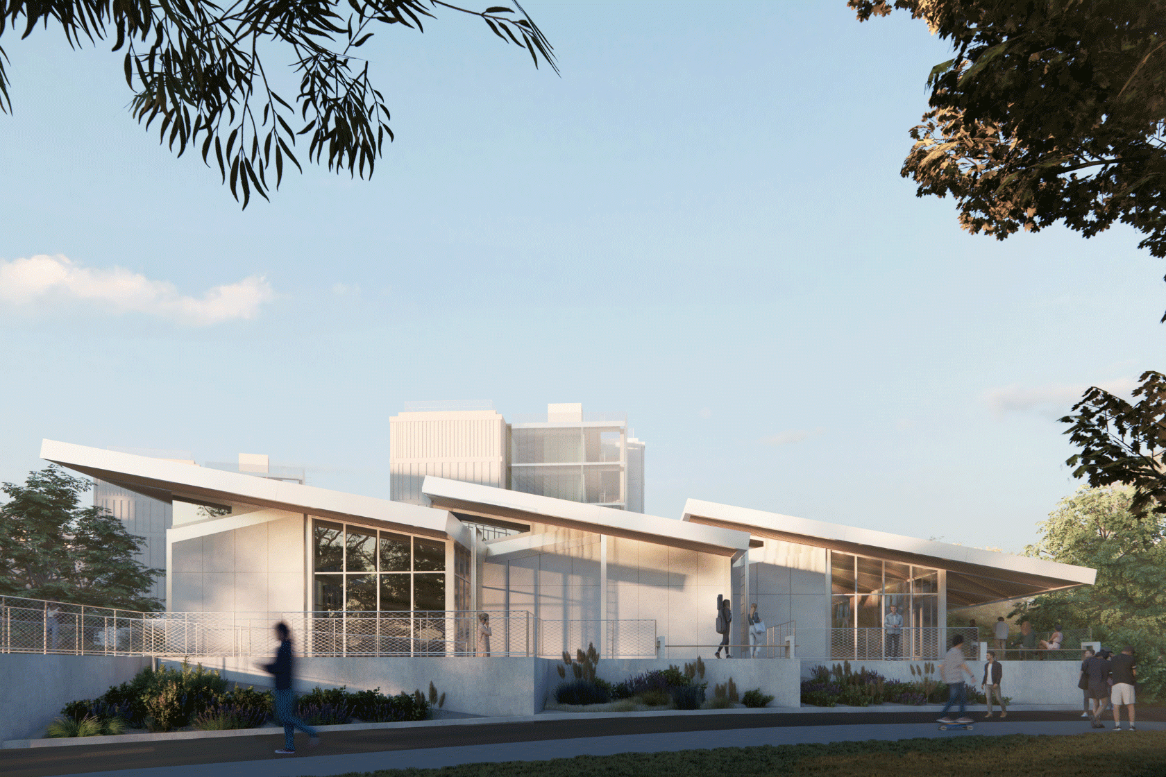 Students walking past a student center building with angular roof